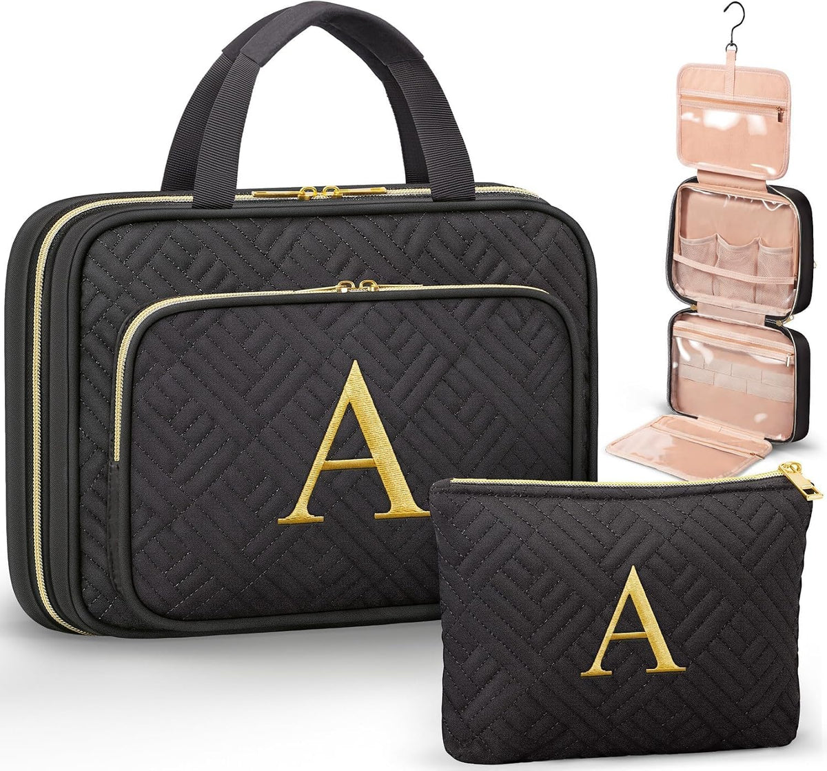 Personalized Initial Toiletry Bag Set, Hanging Travel Organizer & Makeup Cosmetic Bag with Embroidery