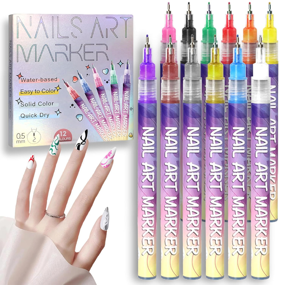 12 Colors Nail Art Pens Set with 0.5mm Fine Tip for Professional Designs and DIY Manicure