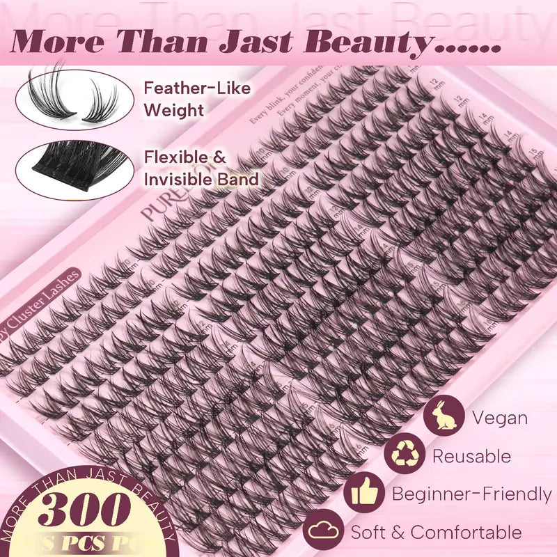 Lash Clusters Kit Wispy Natural DIY Eyelash Extensions 10-16mm 300pcs C Curl Individual Eyelashes