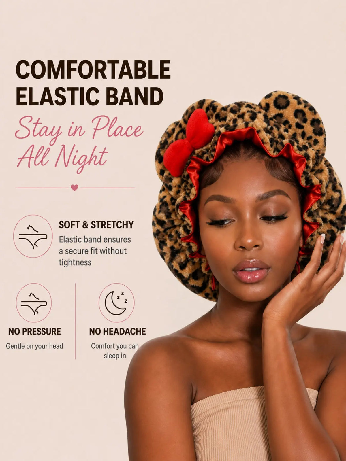 Leopard Print Satin Sleep Cap with Cute Bow and Bear Ears, Soft Velvet Hair Hat for Nighttime Protection