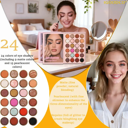 Multicolor Eyeshadow Palette - High-Pigment Pearl, Glitter Sequins, and Lipstick Set