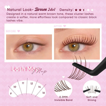 Brown Idol Lash Clusters Kit - D Curl Wispy Extension Kit for Natural DIY Makeup