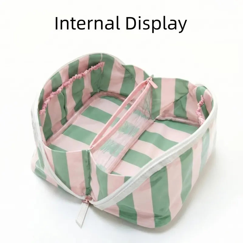 Large Capacity Striped Makeup Bag, Waterproof PVC Travel Organizer with Wide-Mouth Opening