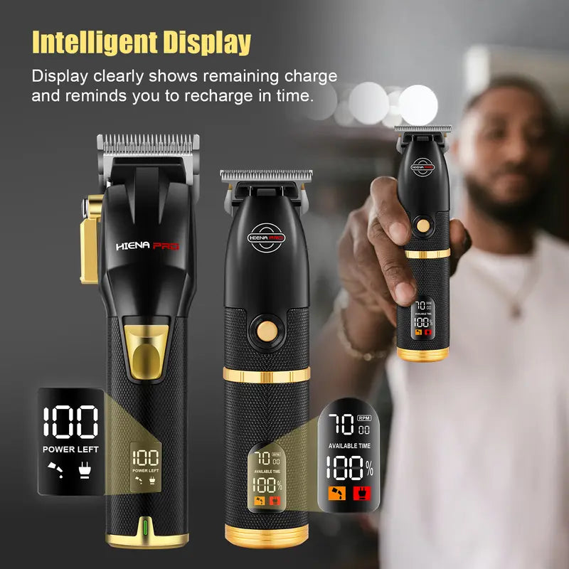 Professional 3-Piece Black and Gold Cordless Hair Clipper & Trimmer Set with LCD Display