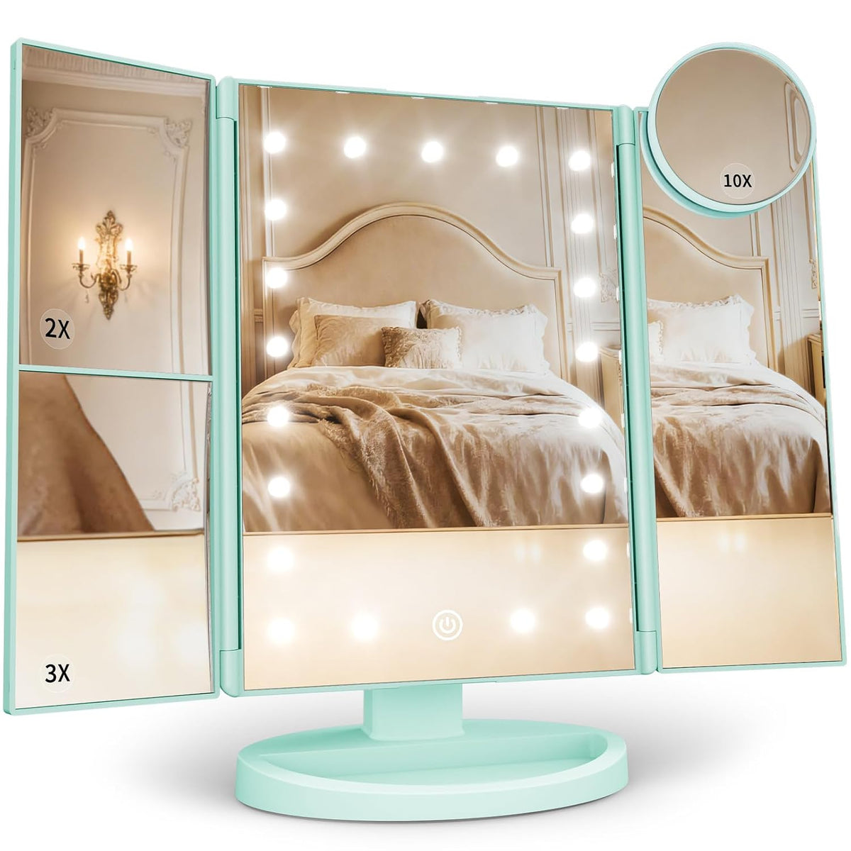 2X/3X/10X Magnifying Vanity Mirror with Light, Trifold Makeup Mirror with Adjustable LED Brightness