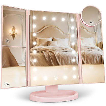 2X/3X/10X Magnifying Vanity Mirror with Light, Trifold Makeup Mirror with Adjustable LED Brightness