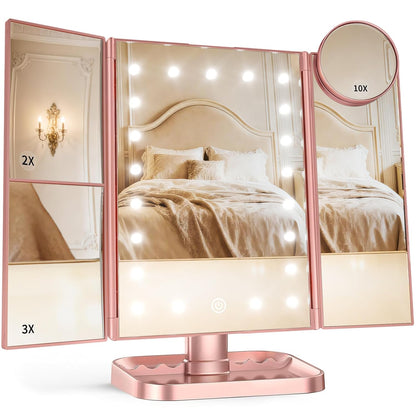 2X/3X/10X Magnifying Vanity Mirror with Light, Trifold Makeup Mirror with Adjustable LED Brightness