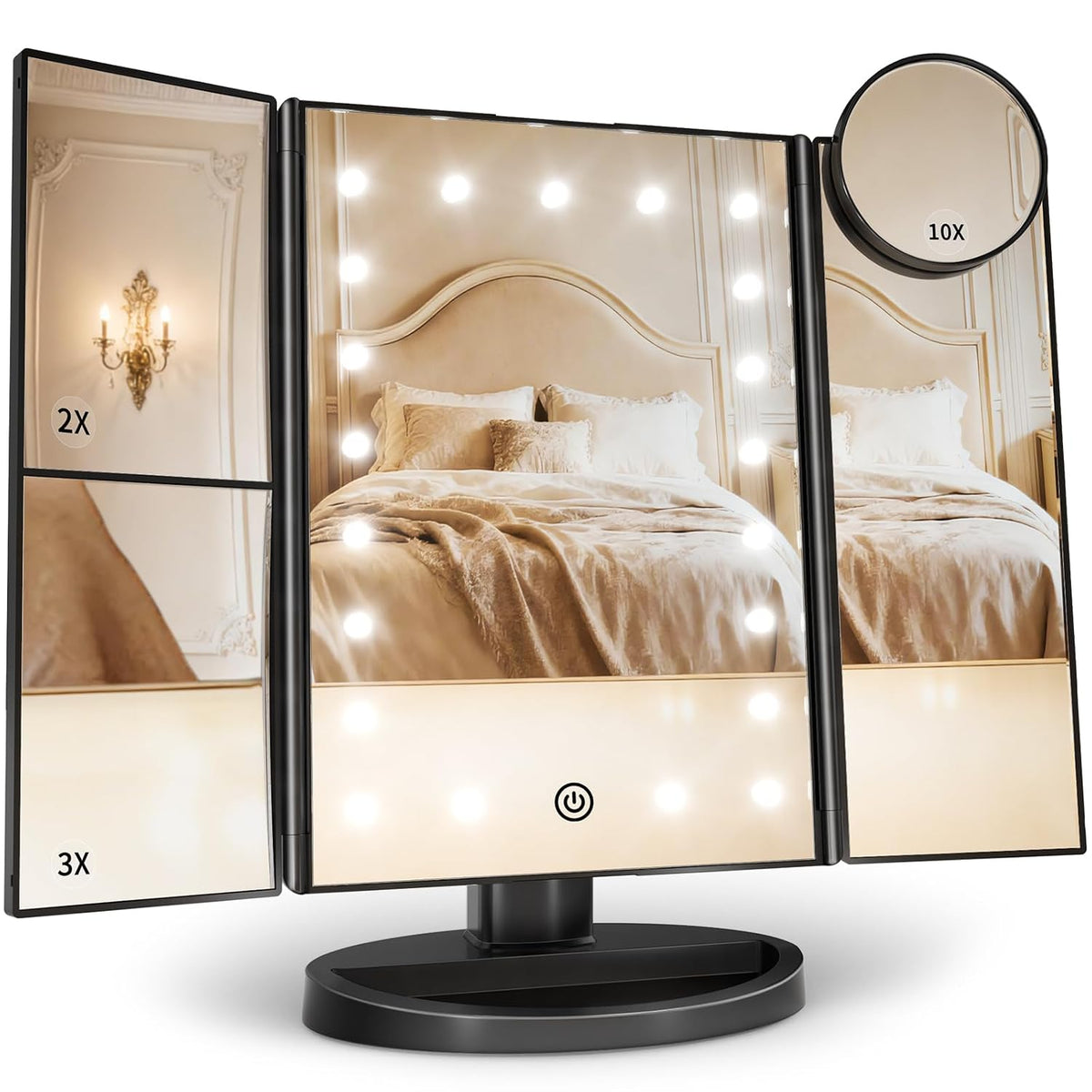 2X/3X/10X Magnifying Vanity Mirror with Light, Trifold Makeup Mirror with Adjustable LED Brightness