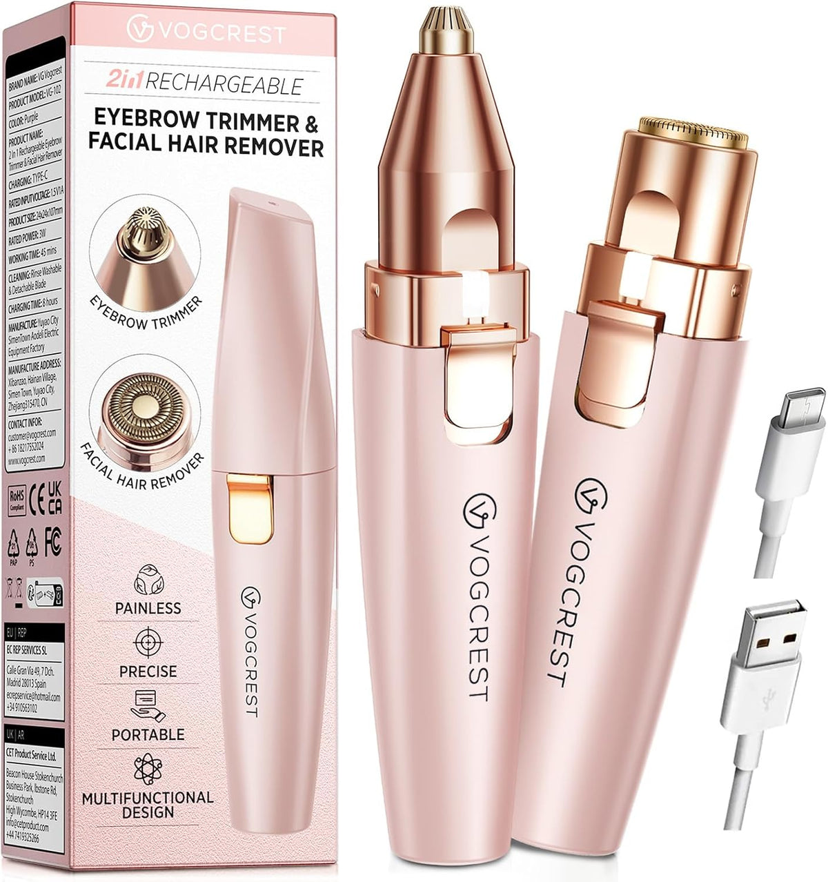 2-in-1 Rechargeable Eyebrow & Facial Hair Trimmer with LED Light - Rose Gold