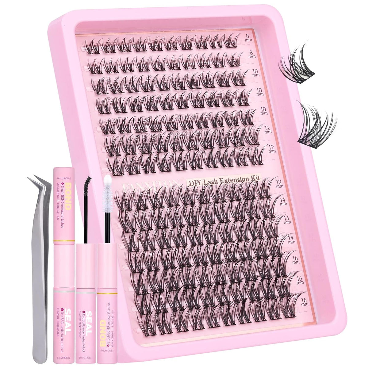 DIY Lash Extension Kit - 154 Pcs Natural Wispy Clusters, D Curl 8-16mm with Bond, Seal, and Tweezers