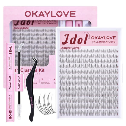 Brown Idol Lash Clusters Kit - Clear Band Natural Wispy Eyelash Extensions with Bond and Seal, 9-16mm