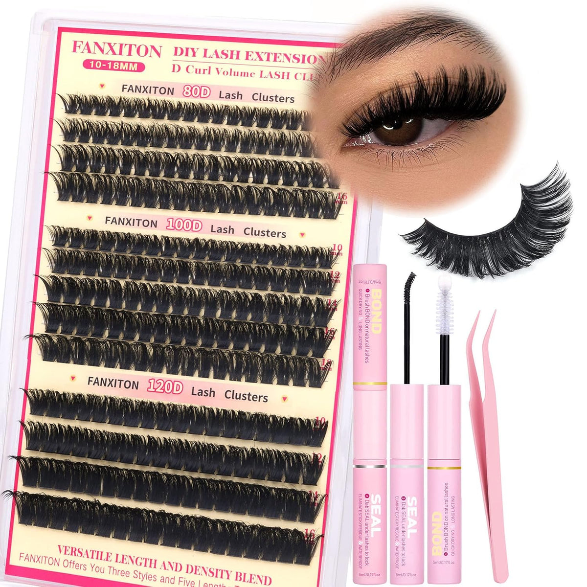 DIY Lash Extension Kit - 154 Pcs Natural Wispy Clusters, D Curl 8-16mm with Bond, Seal, and Tweezers