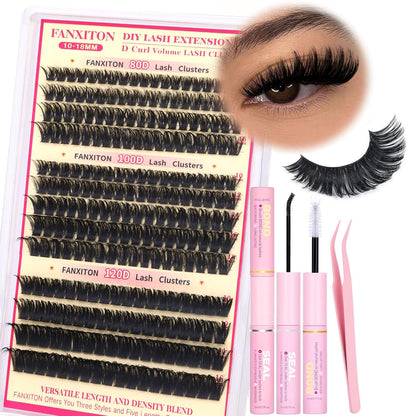 DIY Lash Extension Kit - 154 Pcs Natural Wispy Clusters, D Curl 8-16mm with Bond, Seal, and Tweezers