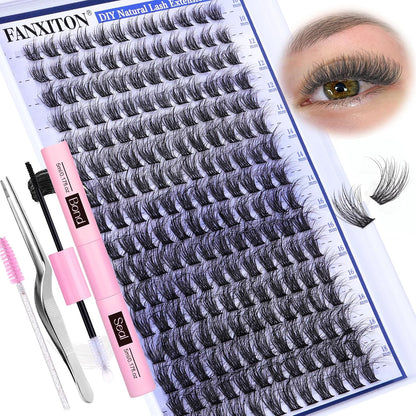 DIY Lash Extension Kit - 154 Pcs Natural Wispy Clusters, D Curl 8-16mm with Bond, Seal, and Tweezers