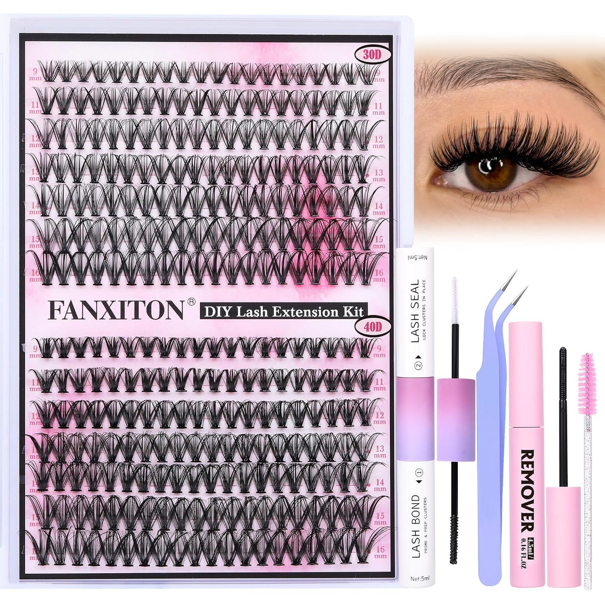 DIY Lash Extension Kit - 154 Pcs Natural Wispy Clusters, D Curl 8-16mm with Bond, Seal, and Tweezers