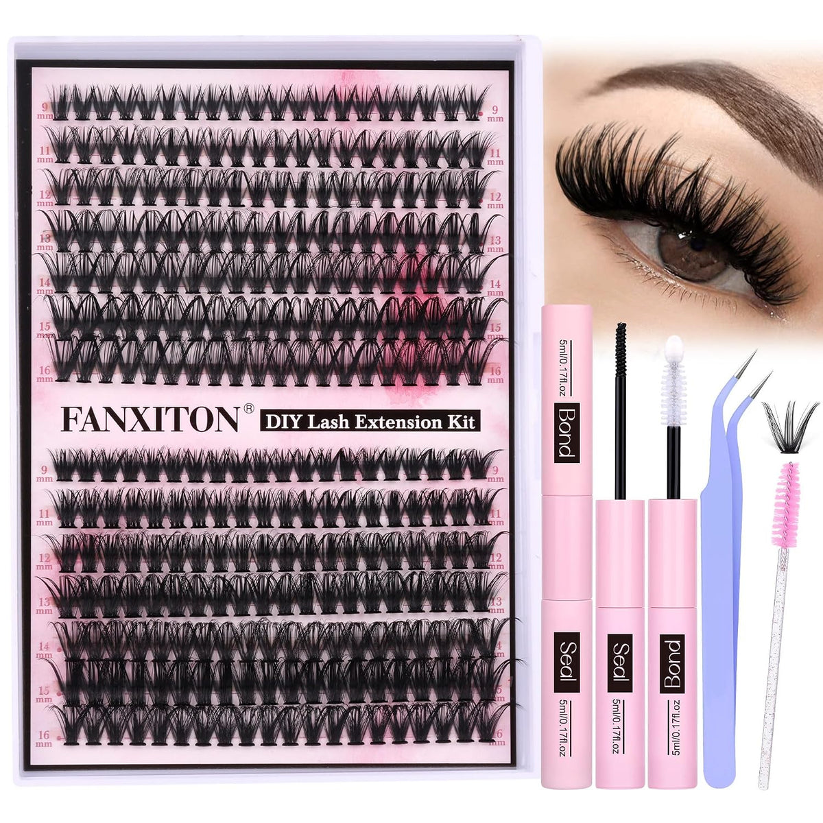 DIY Lash Extension Kit - 154 Pcs Natural Wispy Clusters, D Curl 8-16mm with Bond, Seal, and Tweezers