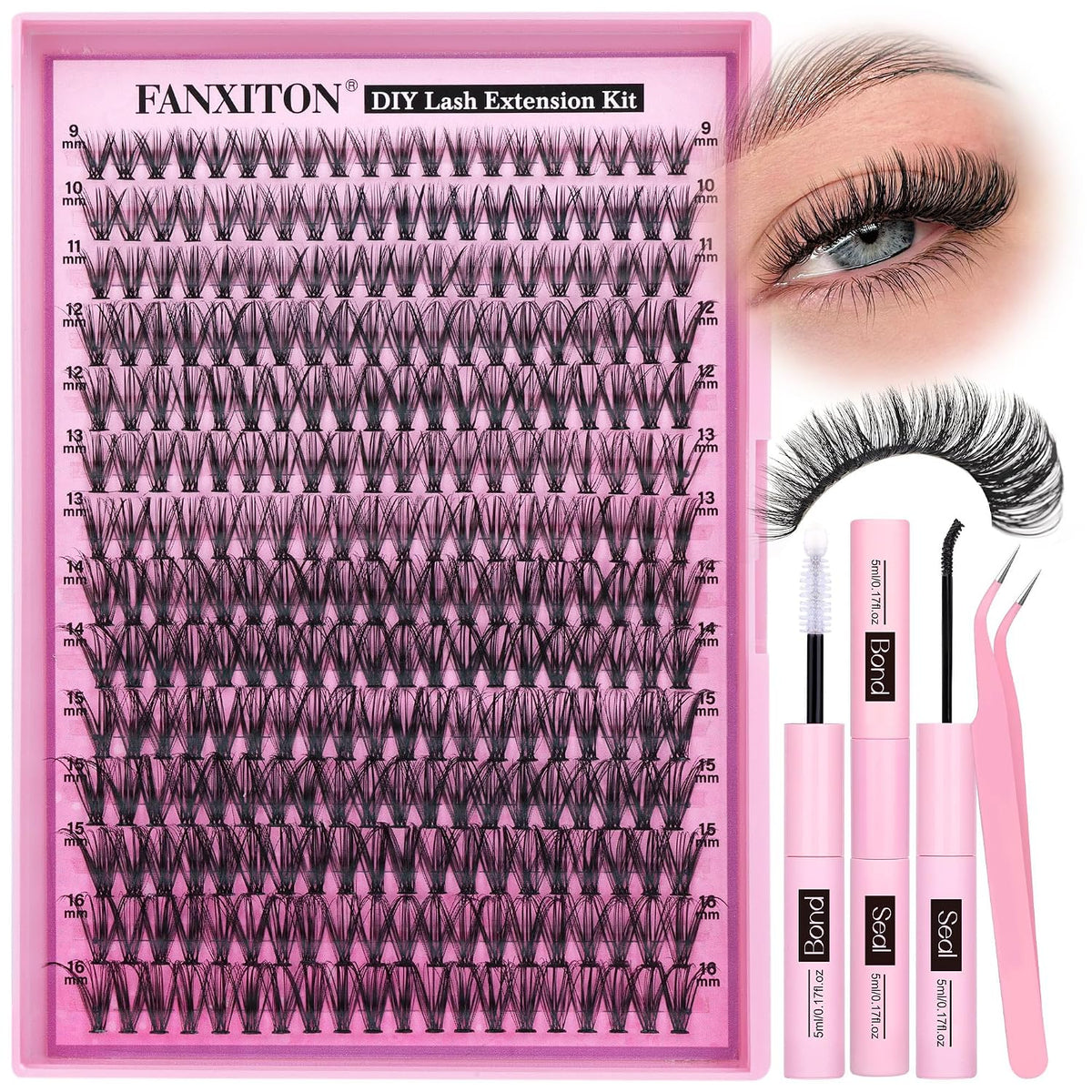 DIY Lash Extension Kit - 154 Pcs Natural Wispy Clusters, D Curl 8-16mm with Bond, Seal, and Tweezers