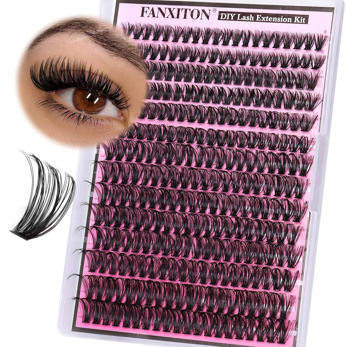 DIY Lash Extension Kit - 154 Pcs Natural Wispy Clusters, D Curl 8-16mm with Bond, Seal, and Tweezers