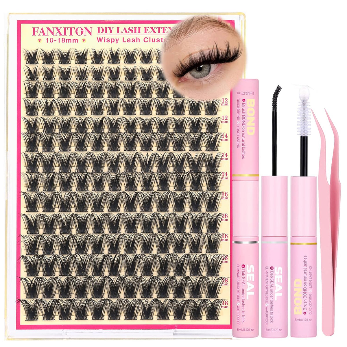DIY Lash Extension Kit - 154 Pcs Natural Wispy Clusters, D Curl 8-16mm with Bond, Seal, and Tweezers