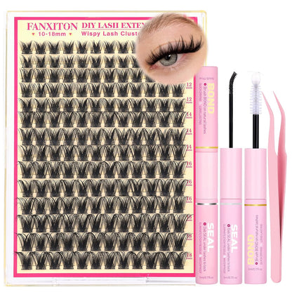 DIY Lash Extension Kit - 154 Pcs Natural Wispy Clusters, D Curl 8-16mm with Bond, Seal, and Tweezers