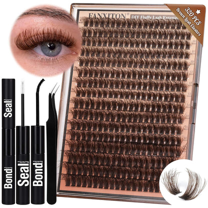 DIY Lash Extension Kit - 154 Pcs Natural Wispy Clusters, D Curl 8-16mm with Bond, Seal, and Tweezers