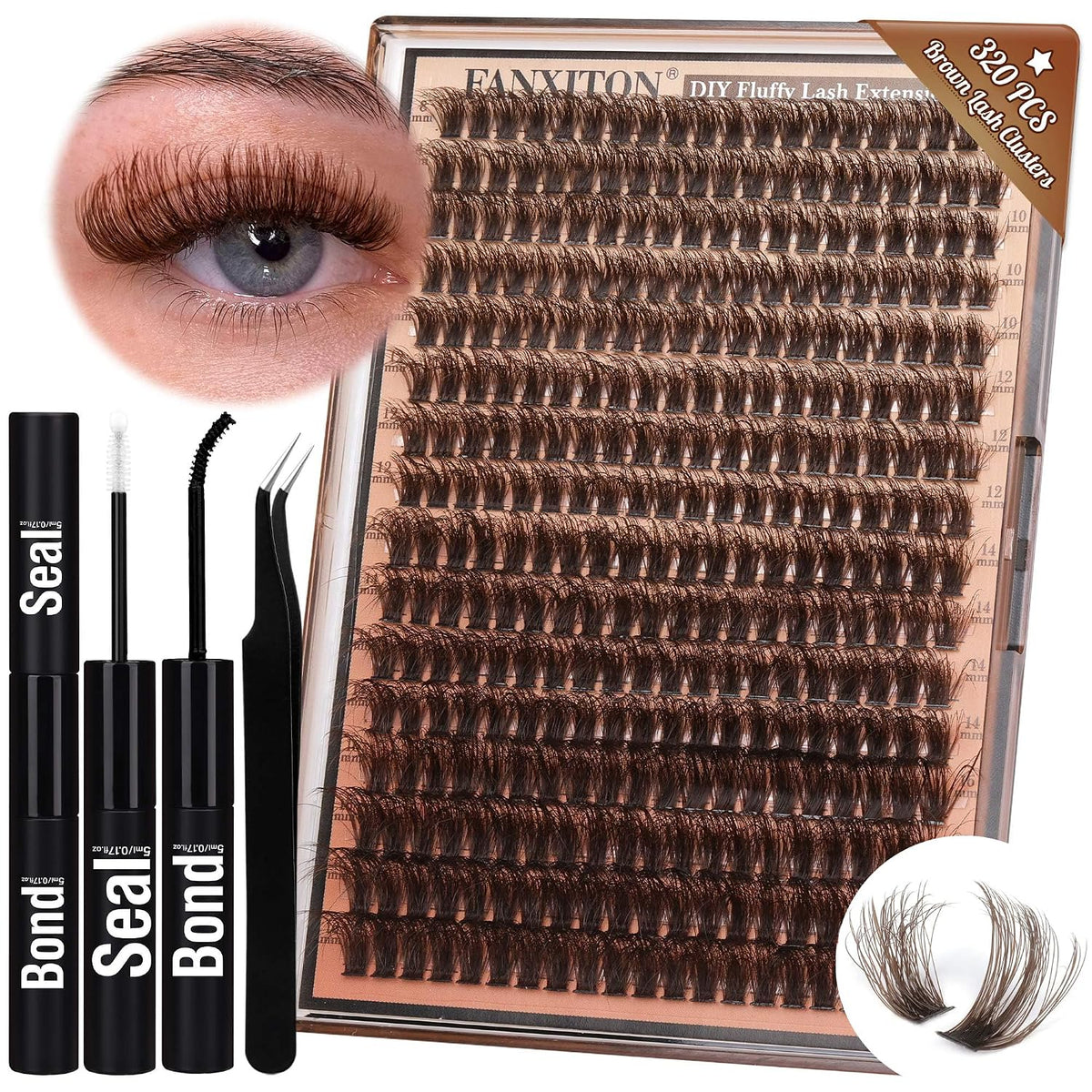 DIY Lash Extension Kit - 154 Pcs Natural Wispy Clusters, D Curl 8-16mm with Bond, Seal, and Tweezers