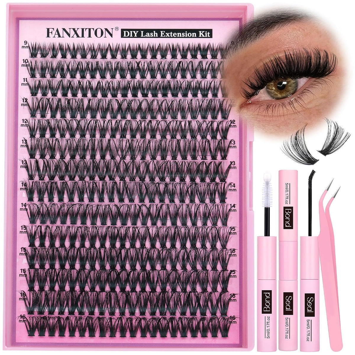 DIY Lash Extension Kit - 154 Pcs Natural Wispy Clusters, D Curl 8-16mm with Bond, Seal, and Tweezers