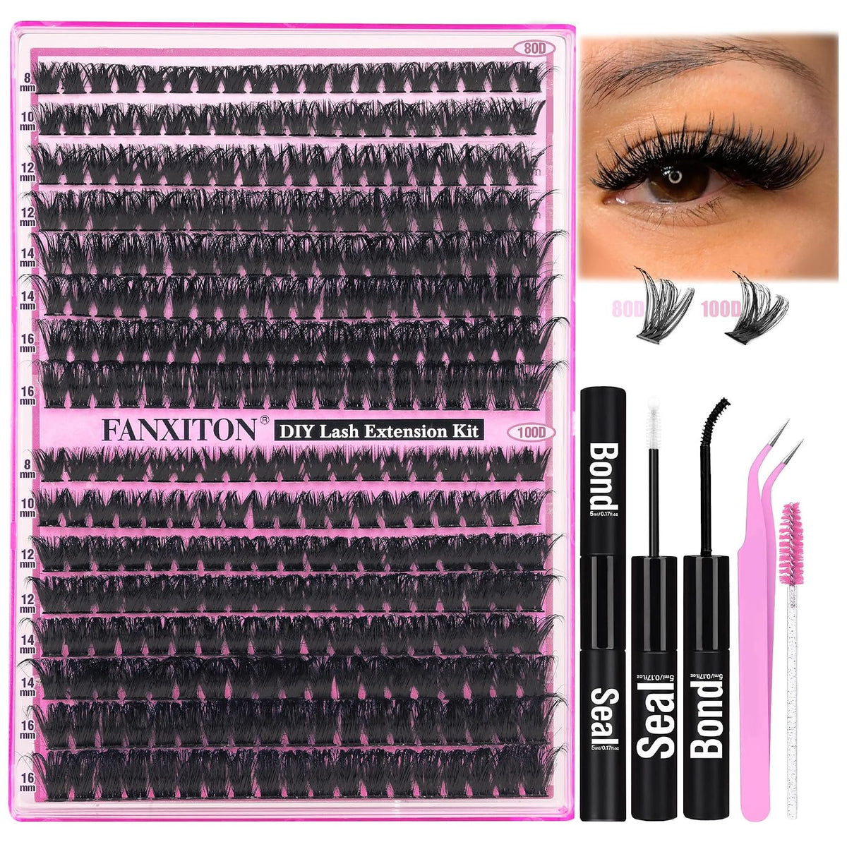 DIY Lash Extension Kit - 154 Pcs Natural Wispy Clusters, D Curl 8-16mm with Bond, Seal, and Tweezers