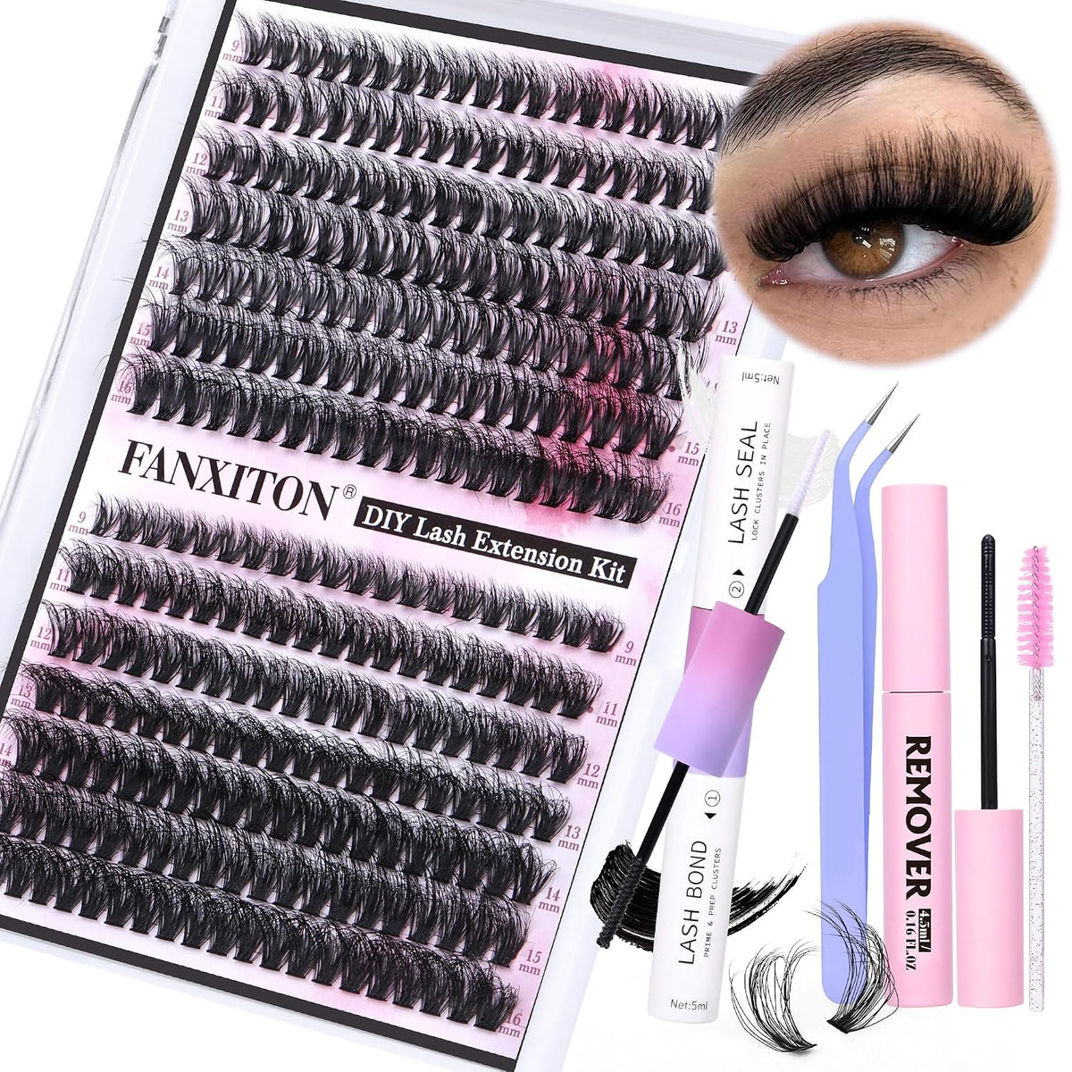 DIY Lash Extension Kit - 154 Pcs Natural Wispy Clusters, D Curl 8-16mm with Bond, Seal, and Tweezers