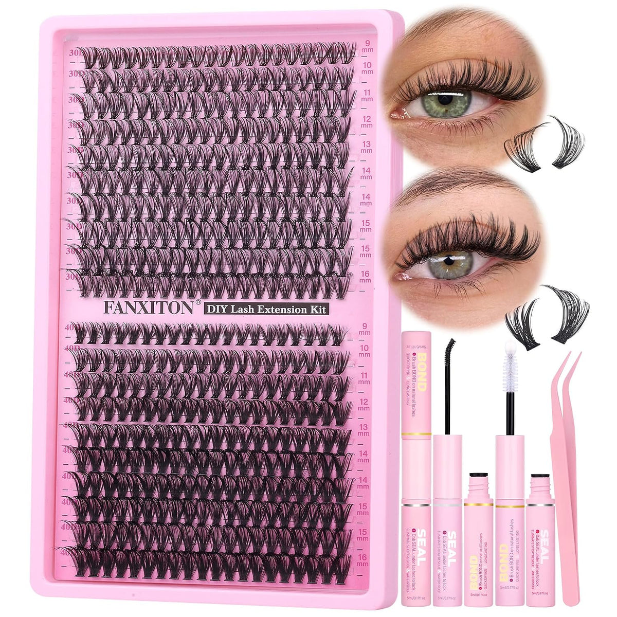 DIY Lash Extension Kit - 154 Pcs Natural Wispy Clusters, D Curl 8-16mm with Bond, Seal, and Tweezers