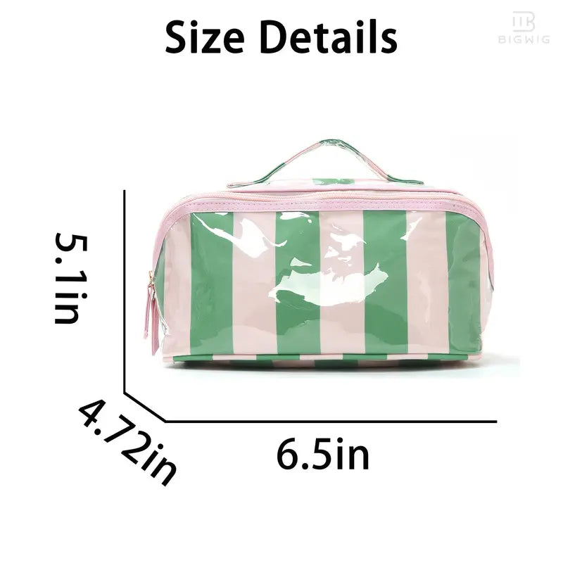 Large Capacity Striped Makeup Bag, Waterproof PVC Travel Organizer with Wide-Mouth Opening