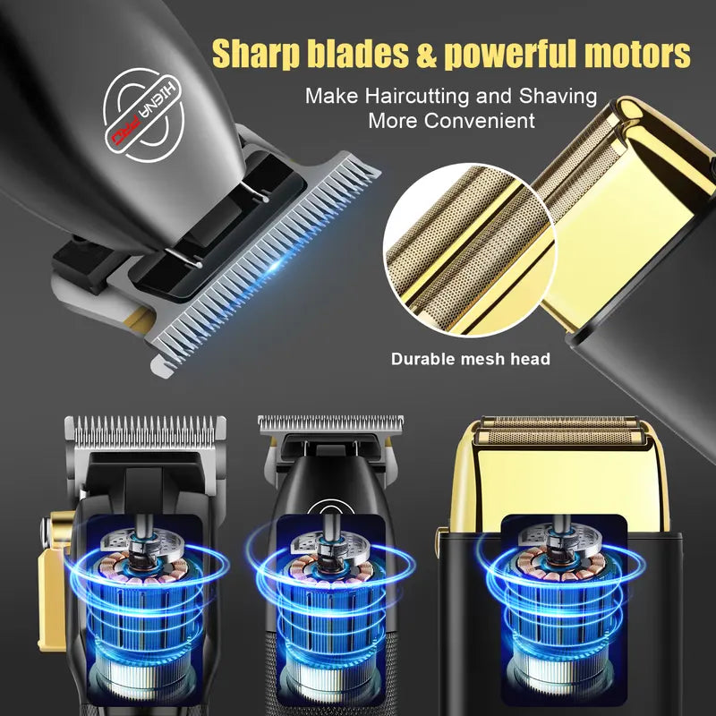 Professional 3-Piece Black and Gold Cordless Hair Clipper & Trimmer Set with LCD Display