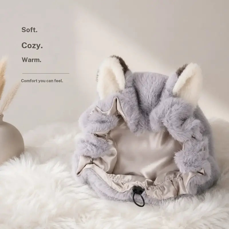 Fox Ear Design Plush Satin Hair Bonnet for Sleeping - Adjustable Elastic Sleep Cap