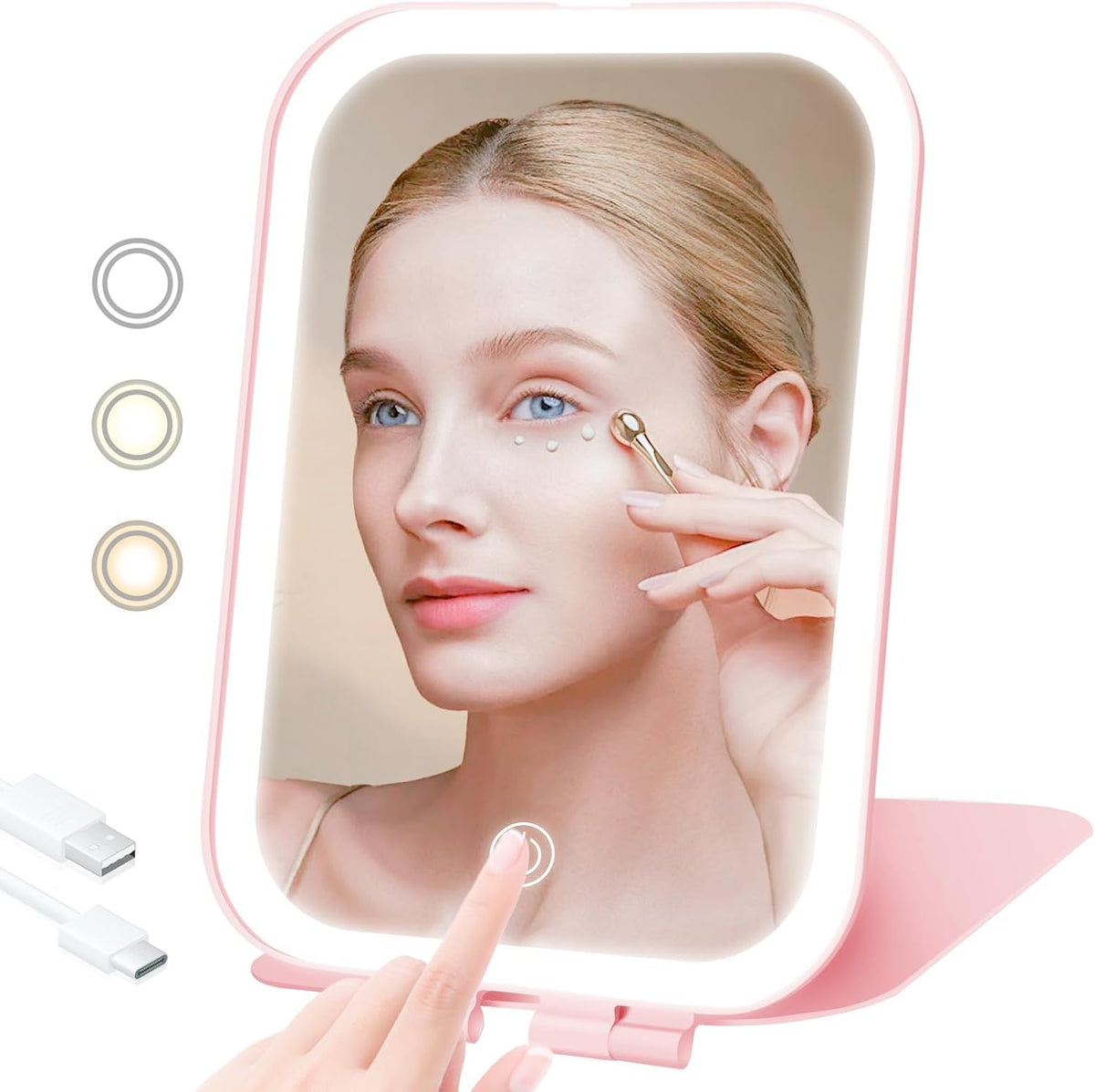 Portable Travel Makeup Mirror with 3 Adjustable Light Settings, USB-Rechargeable Vanity Mirror