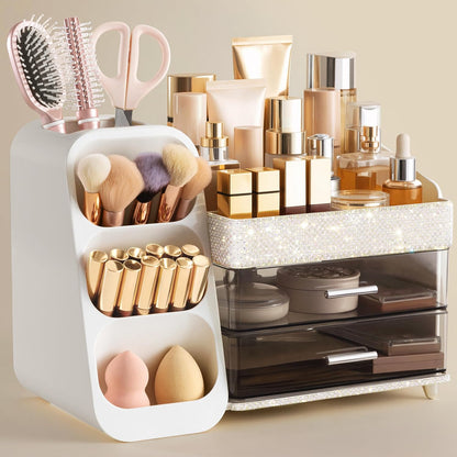 Large Makeup Organizer with Brush Holder, Plastic Vanity Storage for Skincare and Cosmetics