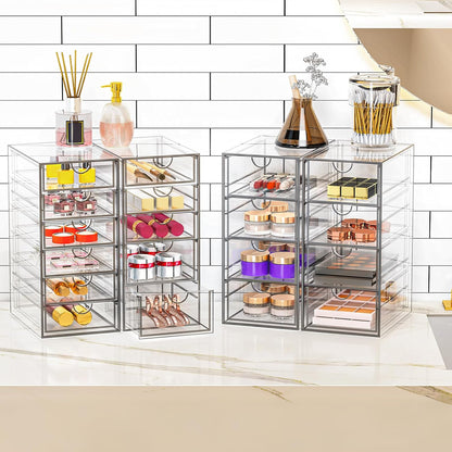 Acrylic Makeup Organizer with 19 Drawers, 4-Pack Clear Cosmetic Storage for Vanity and Bathroom