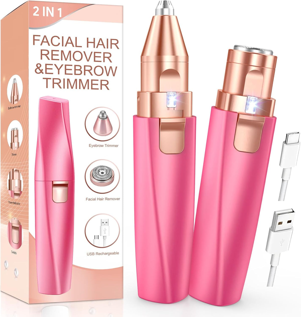2-in-1 Rechargeable Facial Hair Remover & Eyebrow Trimmer with LED Light