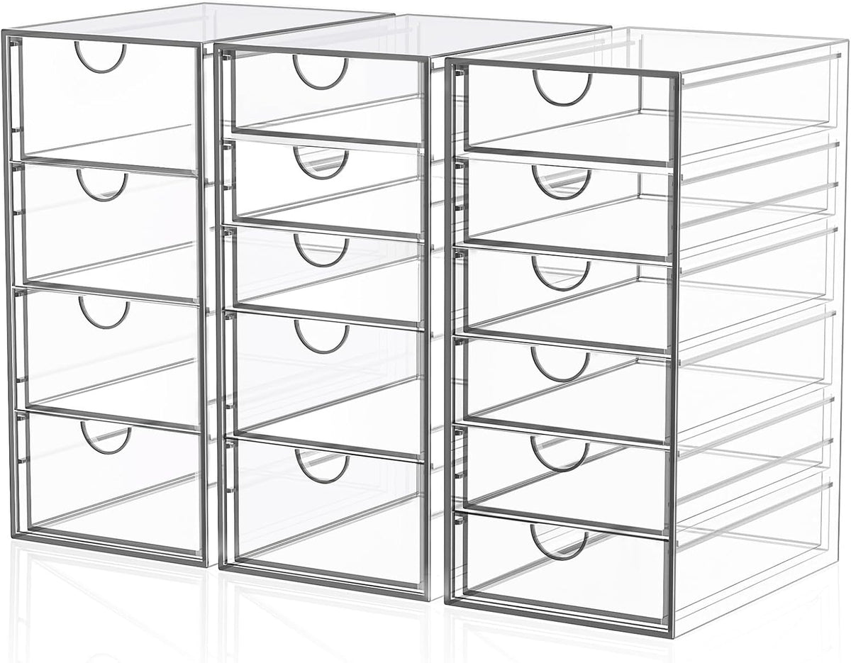 Acrylic Makeup Organizer with 19 Drawers, 4-Pack Clear Cosmetic Storage for Vanity and Bathroom