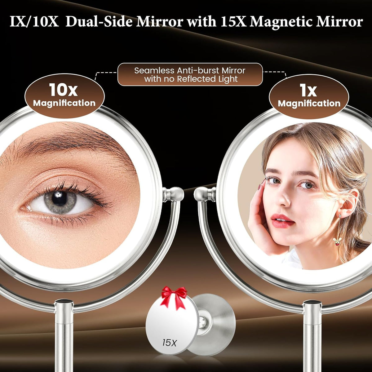 Professional 8.5" Large Lighted Makeup Mirror, 1X/10X HD Magnification, 3 Color Dimmable 90 LEDs