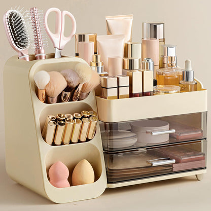 Large Makeup Organizer with Brush Holder, Plastic Vanity Storage for Skincare and Cosmetics