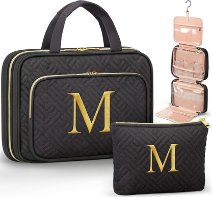Personalized Initial Toiletry Bag Set, Hanging Travel Organizer & Makeup Cosmetic Bag with Embroidery