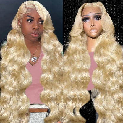 613 Blonde 13x6 Lace Front Wig Human Hair 28 Inch Body Wave 200% Density HD Transparent Lace