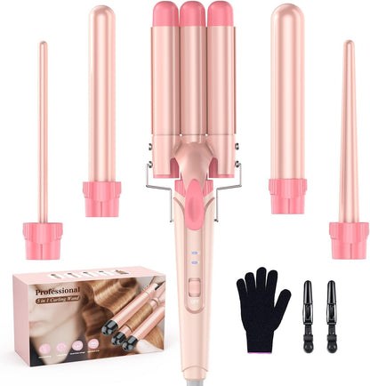 5 in 1 Curling Wand Set with 3 Barrel Hair Crimper, Ceramic Tourmaline Hair Waver for All Hair Types