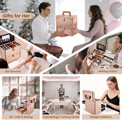 Professional Makeup Train Case with Drawer, Mirror and Sponge Dividers - Rose Gold