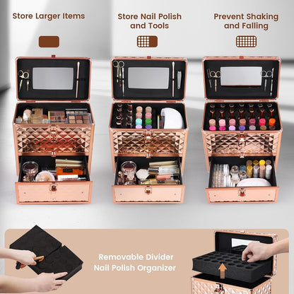 Professional Makeup Train Case with Drawer, Mirror and Sponge Dividers - Rose Gold