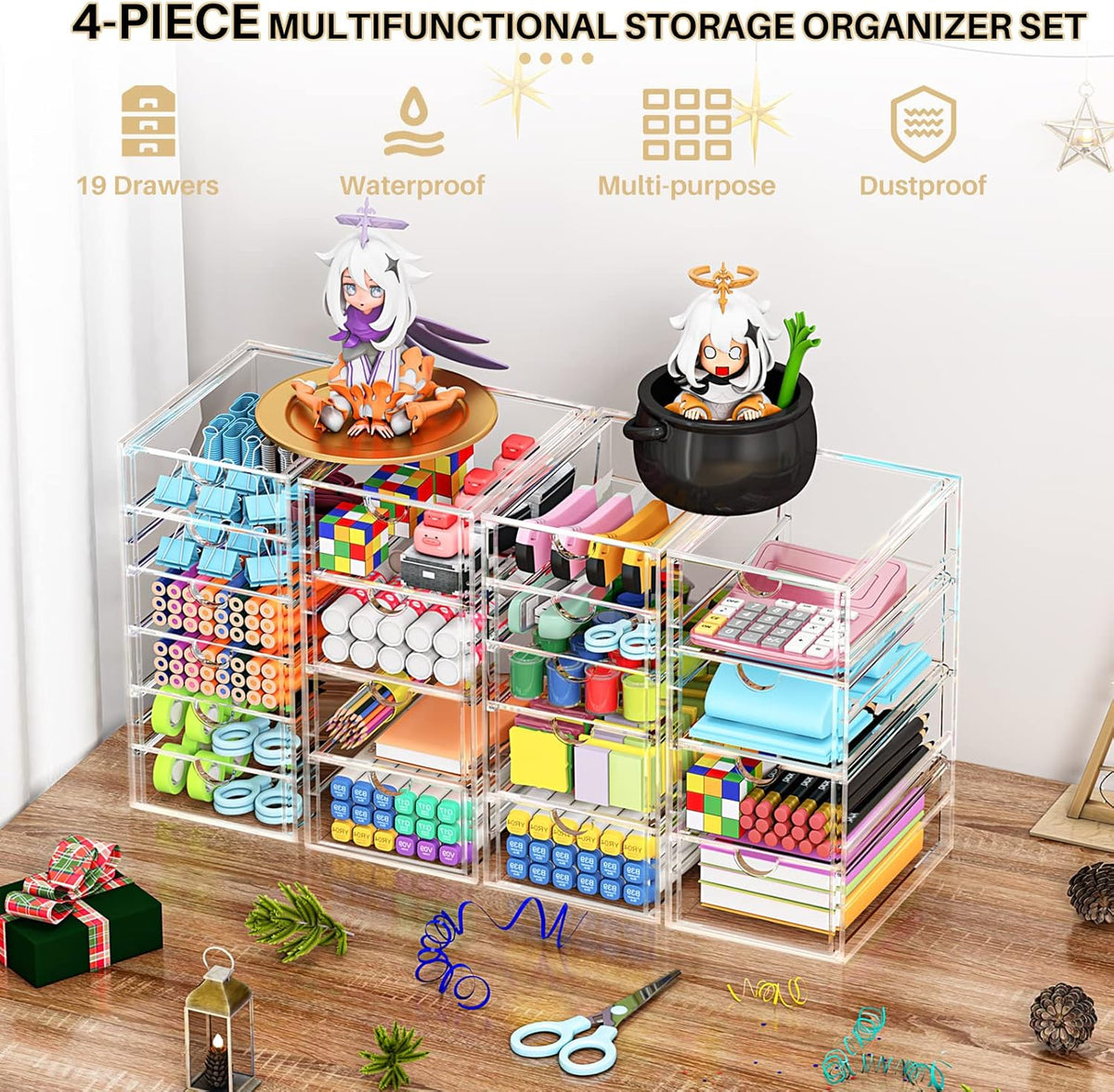 Acrylic Makeup Organizer with 19 Drawers, 4-Pack Clear Cosmetic Storage for Vanity and Bathroom