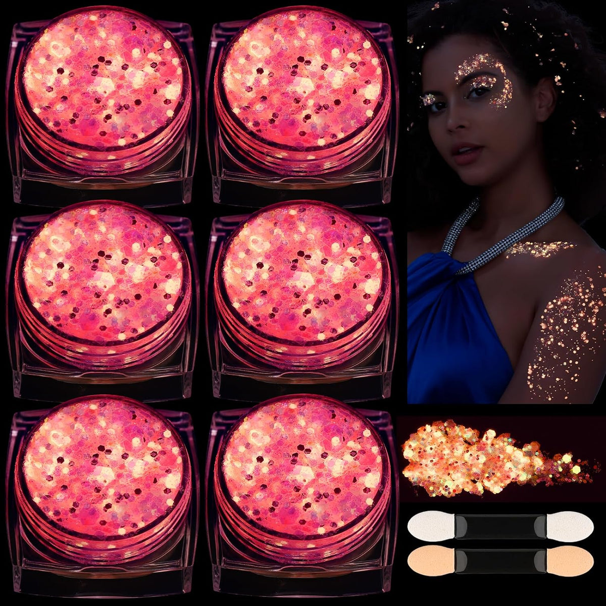 6 Colors Glow in The Dark Glitter Gel for Face, Body, and Hair - UV Black Light Party Makeup