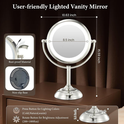 Professional 8.5" Large Lighted Makeup Mirror, 1X/10X HD Magnification, 3 Color Dimmable 90 LEDs