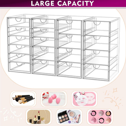 Acrylic Makeup Organizer with 19 Drawers, 4-Pack Clear Cosmetic Storage for Vanity and Bathroom