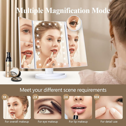 2X/3X/10X Magnifying Vanity Mirror with Light, Trifold Makeup Mirror with Adjustable LED Brightness